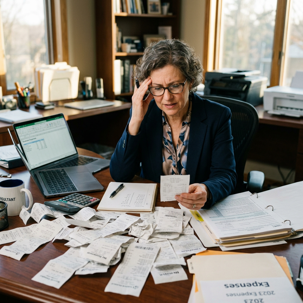 Woman in office reviewing many receipts and financial documents